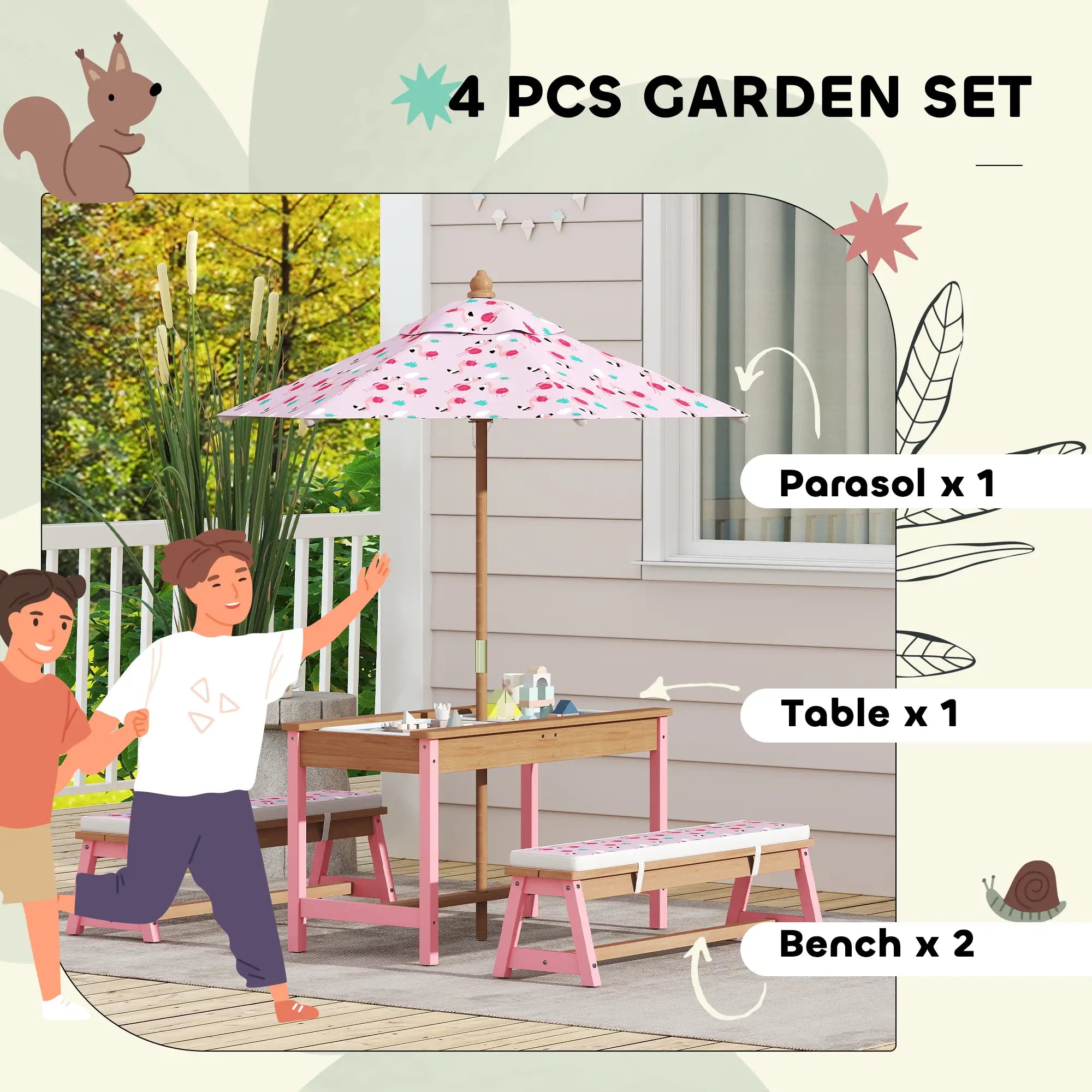 Kids Picnic Table With Bench, Removable Umbrella, Flamingo Theme, Pink Kids Outdoor Furniture at Gallery Canada