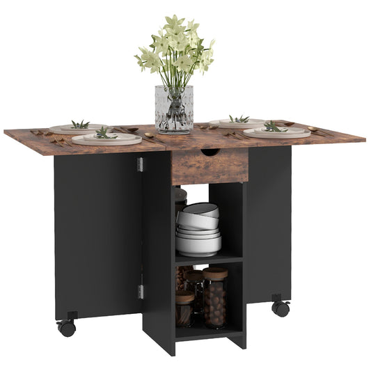 Folding Dining Table with Storage, Drop Leaf Kitchen Table with Drawer and Shelves for Small Spaces, Rustic Brown - Gallery Canada