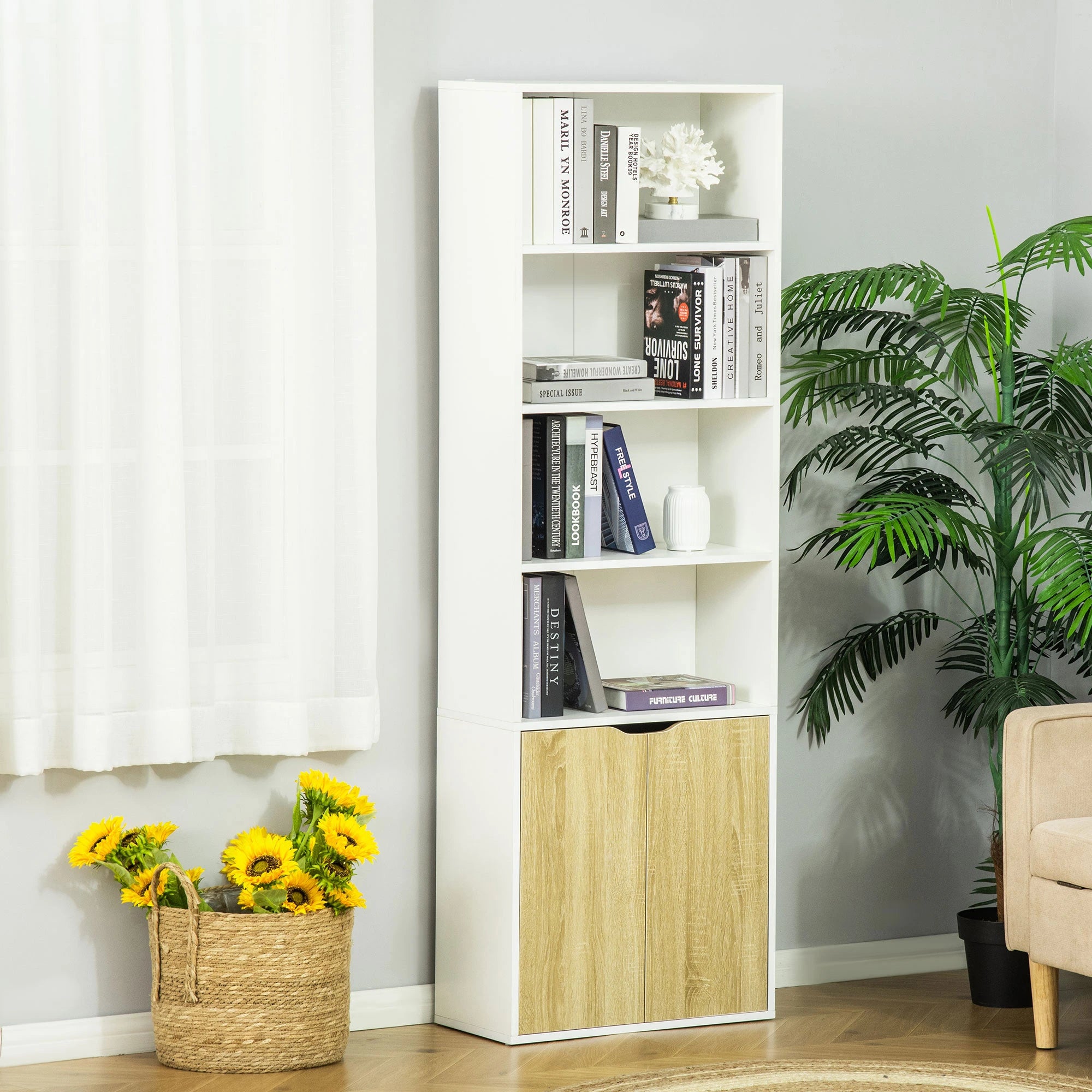 4-Tier Open Bookshelf with Doors, Home Office Storage Cabinet, Oak White Bookshelves at Gallery Canada