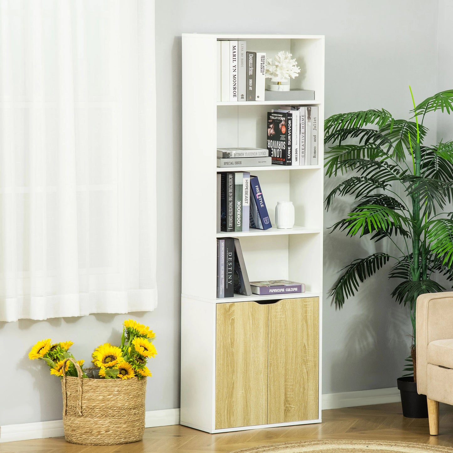 4-Tier Open Bookshelf with Doors, Home Office Storage Cabinet, Oak White Bookshelves at Gallery Canada