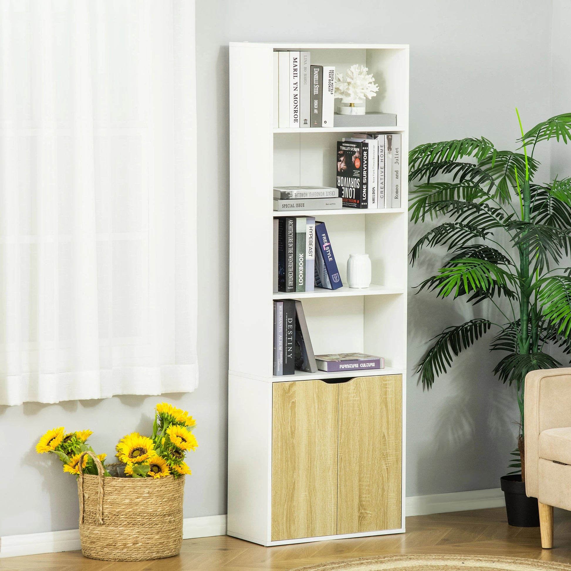 4-Tier Open Bookshelf with Doors, Home Office Storage Cabinet, Oak White Bookshelves at Gallery Canada