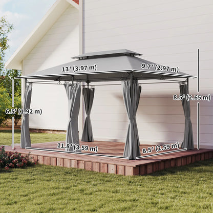 10' x 13' Double Roof Patio Gazebo, Outdoor with Curtains, Dark Grey Gazebos at Gallery Canada