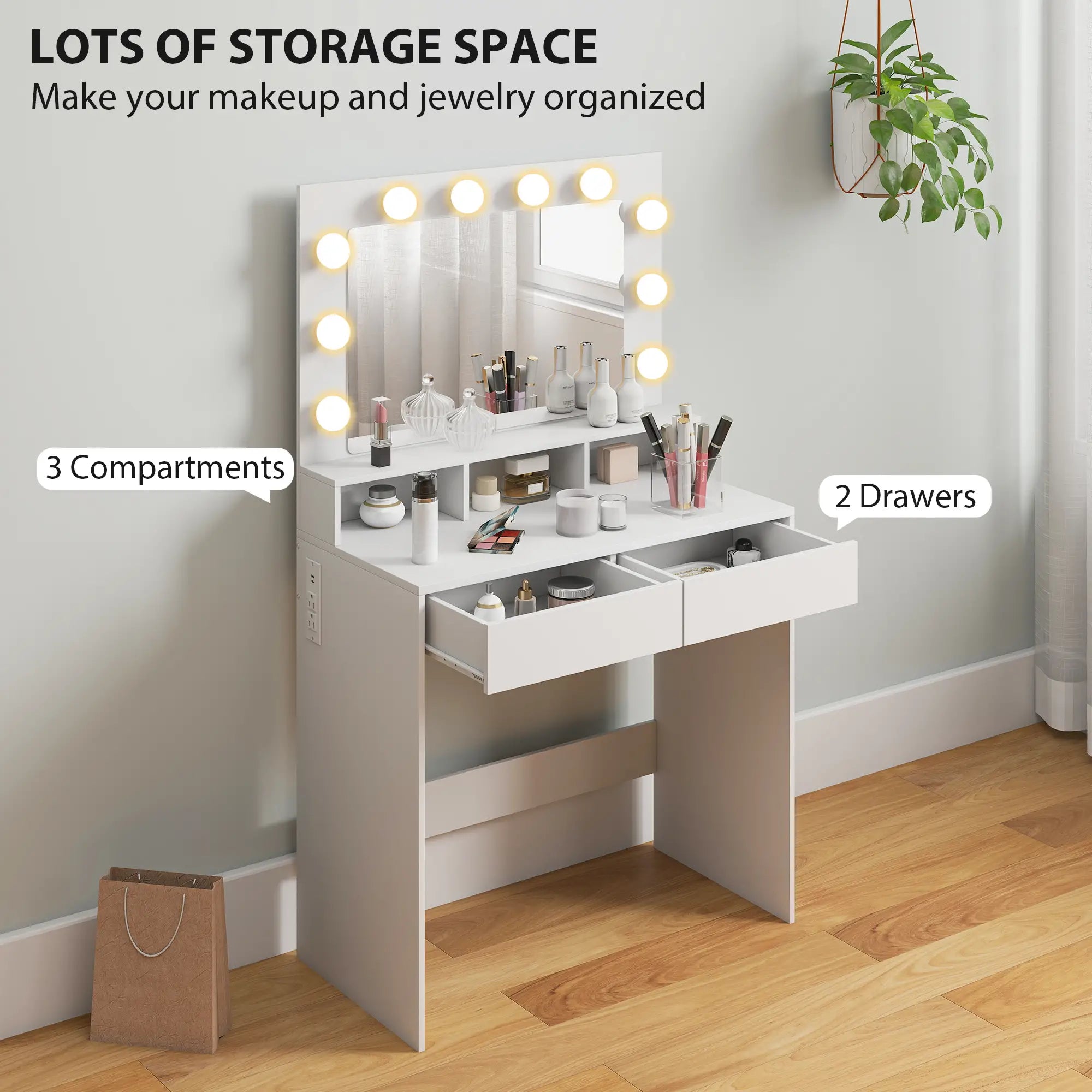 Vanity Table with LED Mirror, Charging Station, Drawers, White Dressing & Vanity Tables at Gallery Canada
