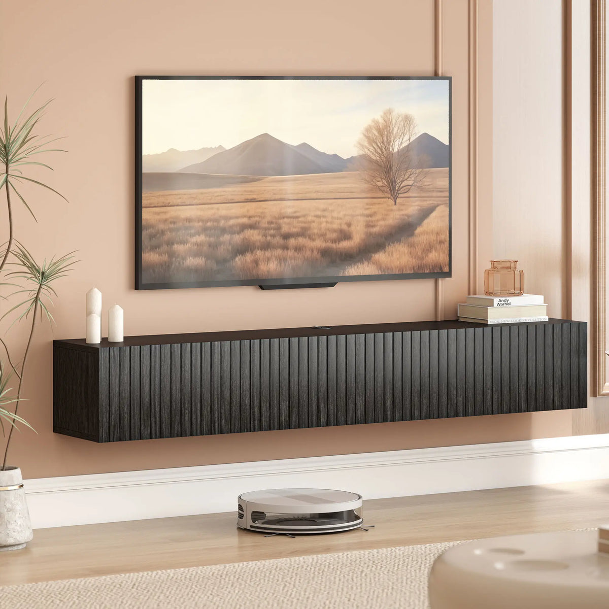 55 Inch Floating TV Stand, Wall Mount Media Console, 2 Fluted Doors, Black TV Stands at Gallery Canada