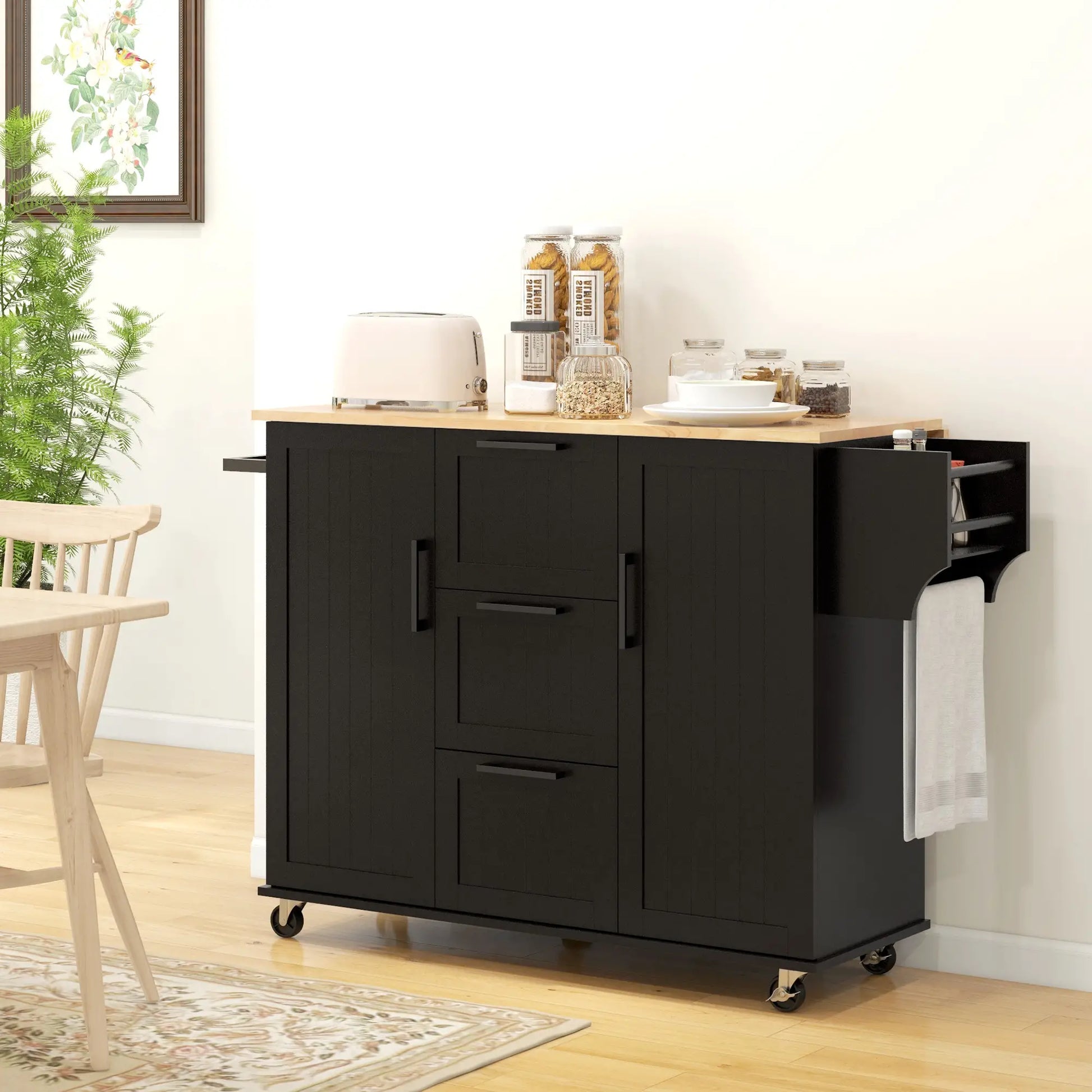 Rolling Kitchen Cart, Drop Leaf, 3 Drawers, Solid Wood Top, Black Kitchen Islands & Kitchen Carts at Gallery Canada