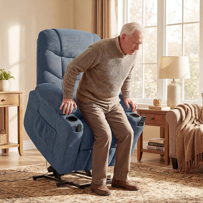 Electric Lift Recliner Chair, Massage, Side Pockets, Cup Holders, Remote, Blue Electric Power Lift Chairs at Gallery Canada