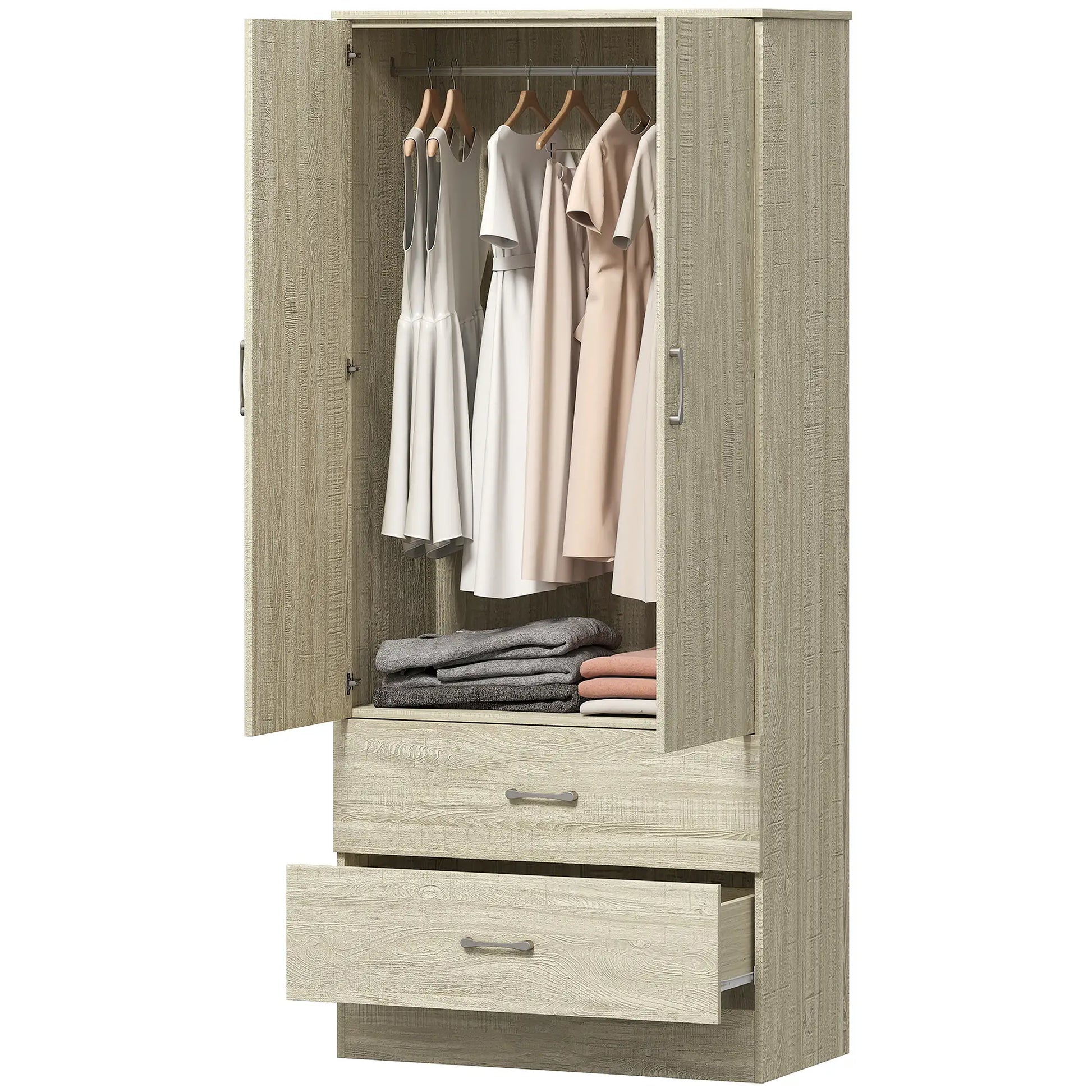 Wardrobe Closet, Hanging Rod, 2 Doors, 2 Drawers, Oak Clothing Storage Oak at Gallery Canada