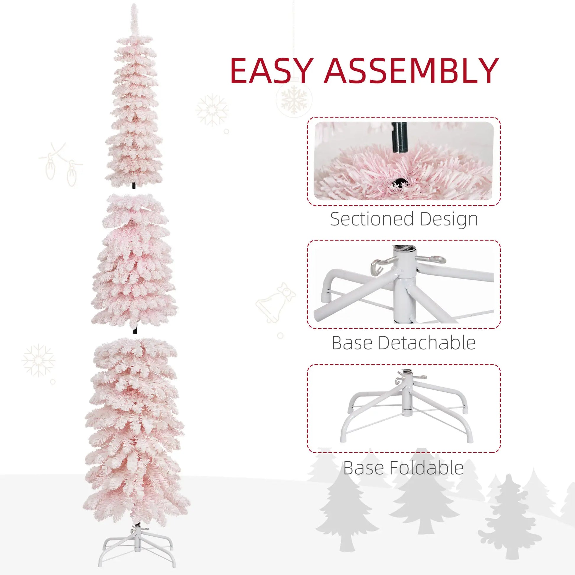 6ft Snow-Flocked Slim Pencil Christmas Tree, 395 Branches, Metal Base, Pink Pencil Christmas Trees at Gallery Canada