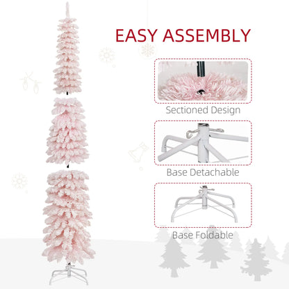 6ft Snow-Flocked Slim Pencil Christmas Tree, 395 Branches, Metal Base, Pink Pencil Christmas Trees at Gallery Canada
