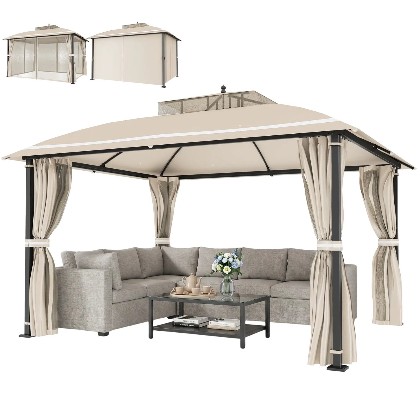 10' x 12' Outdoor Gazebo, Double Roof with Netting, Curtains Gazebos Beige at Gallery Canada
