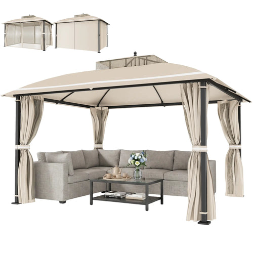 10' x 12' Outdoor Gazebo, Double Roof with Netting, Curtains
