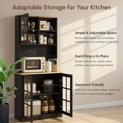 Buffet de cuisine avec armoire, 3 armoires, 2 étagères, noir