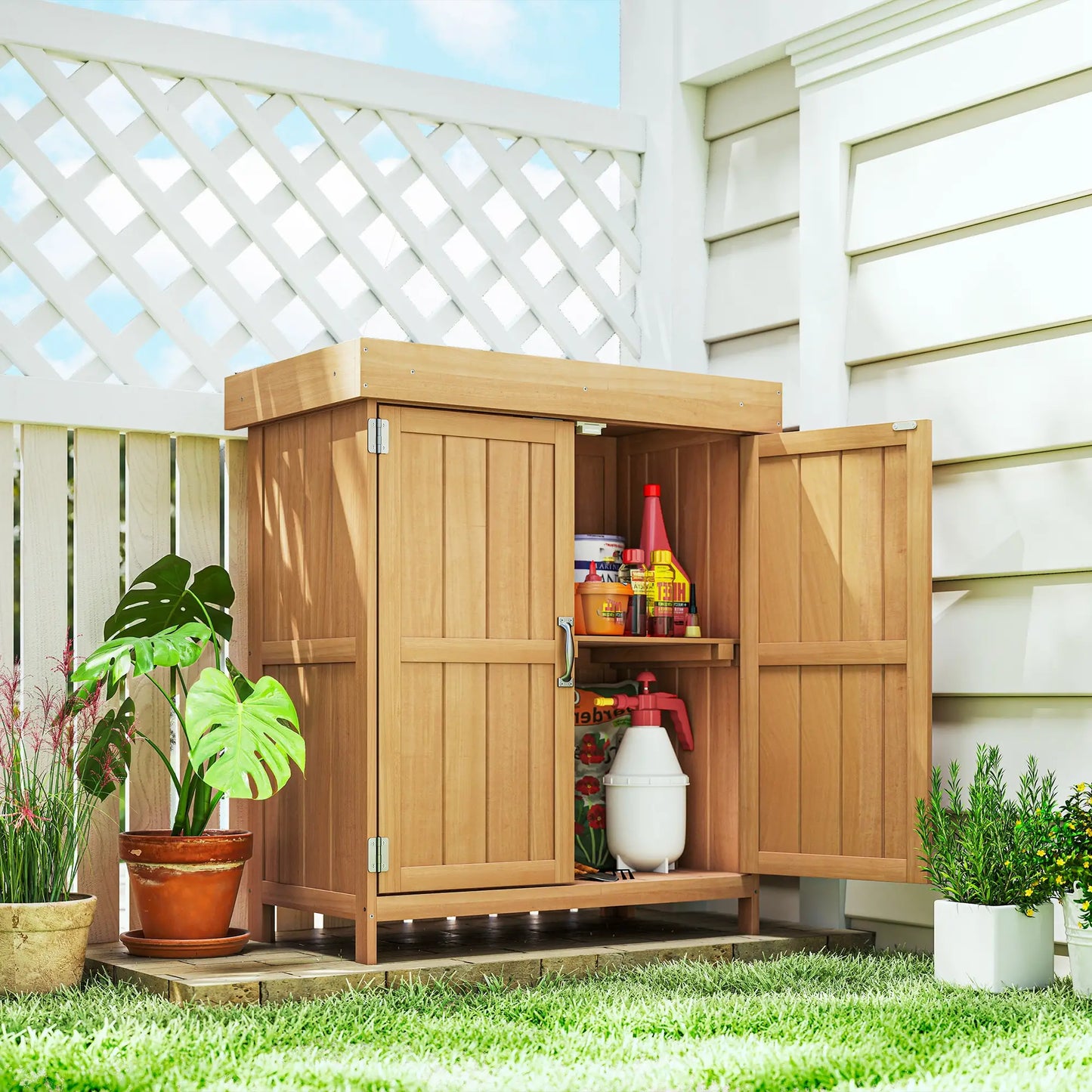 Wooden Garden Tool Shed, Hinged Roof, 2-Tier Shelves, Double Doors, 74x43x88cm, Natural Wood Sheds at Gallery Canada