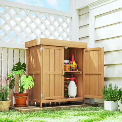 Wooden Garden Tool Shed, Hinged Roof, 2-Tier Shelves, Double Doors, 74x43x88cm, Natural Wood Sheds at Gallery Canada