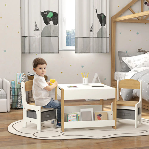 3 Piece Kids Table and Chair Set, Reversible Tabletop, Blackboard, Storage, Bookshelf, Natural