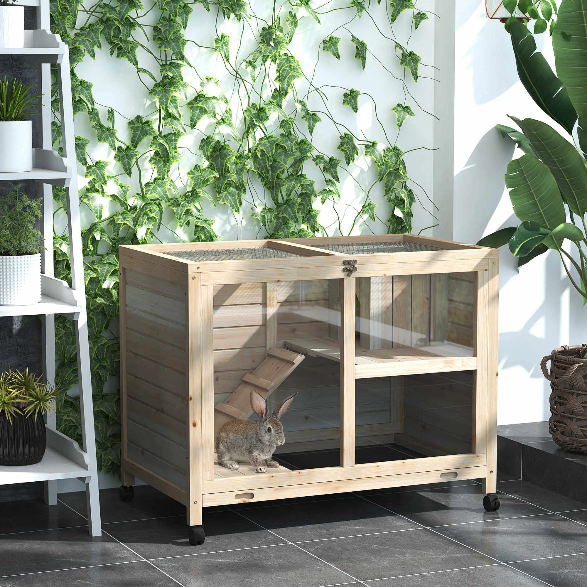 Indoor Rabbit Hutch with Wheels, Guinea Pig Cage, Top Access, Ramp, Pull Out Tray, Natural Wood Rabbit Hutch at Gallery Canada