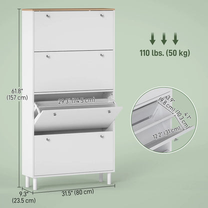 Narrow Shoe Cabinet, 4 Flip Drawers, Adjustable Shelves, Holds 24-32 Pairs, White Shoe Storage Cabinets & Racks at Gallery Canada