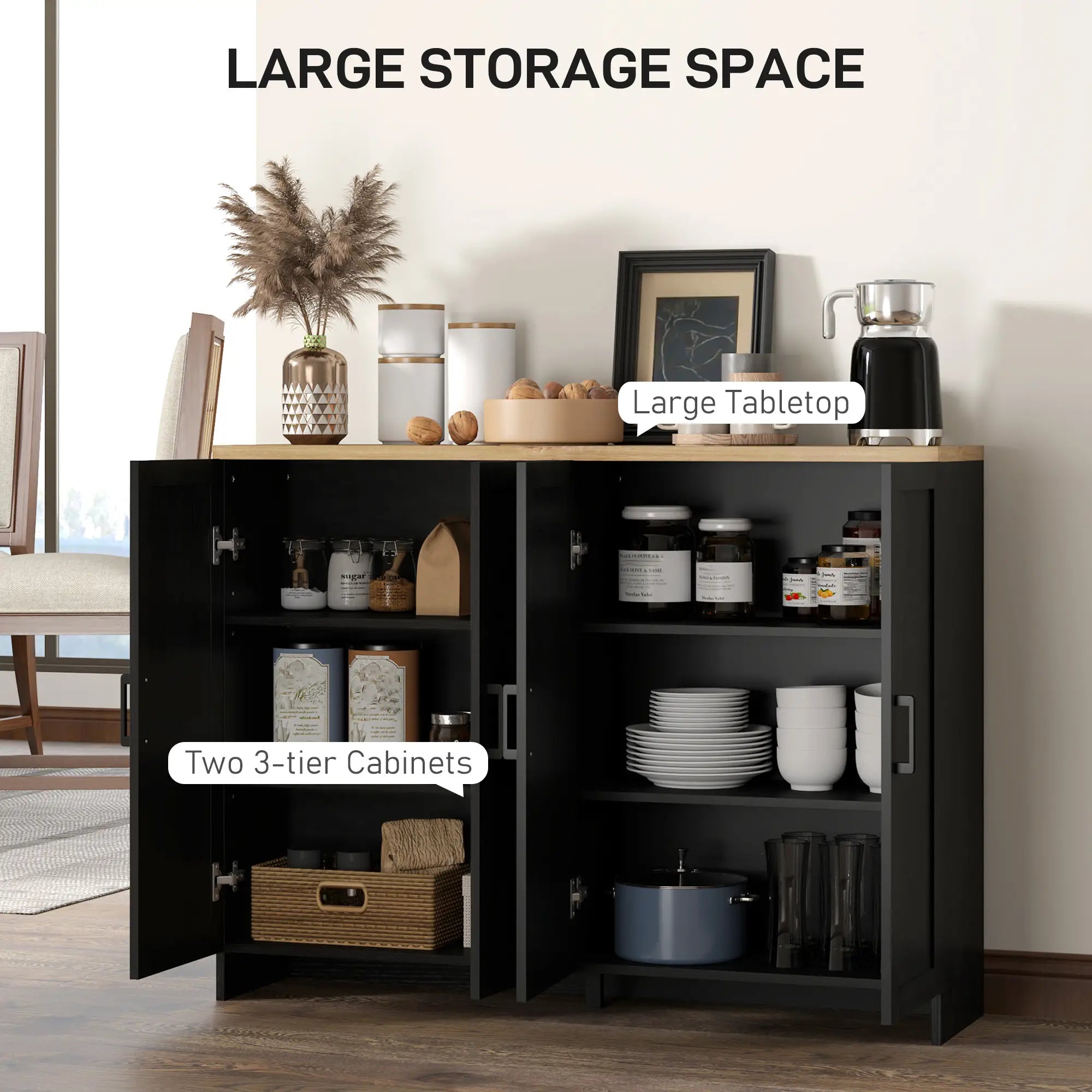 Modern Sideboard Buffet Cabinet, 4 Doors Adjustable Shelves, Black Storage Cabinets at Gallery Canada