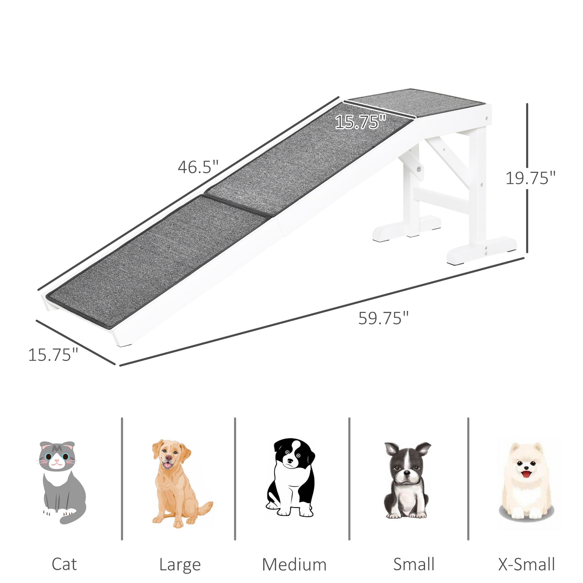 Pet Ramp Bed Steps for Dogs Cats Non-slip Carpet Top Platform Pine Wood 59"L x 16"W x 20"H White Grey - Gallery Canada