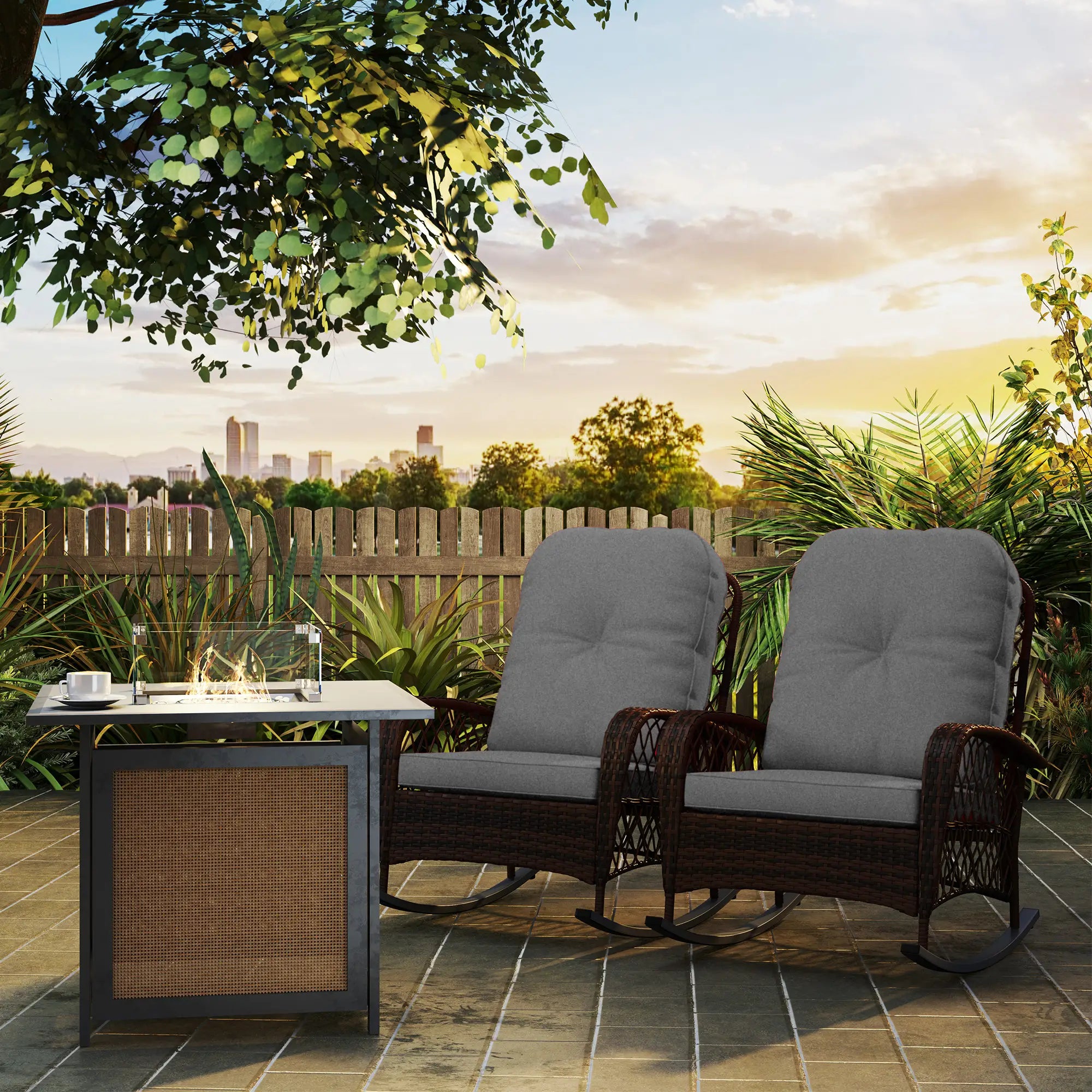 Outdoor Wicker Rattan Rocking Chair Set of 2, Patio Rocker with Cushions, Grey Outdoor Rocking Chairs at Gallery Canada