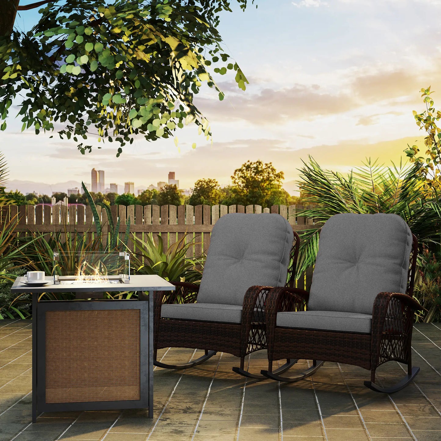 Outdoor Wicker Rattan Rocking Chair Set of 2, Patio Rocker with Cushions, Grey Outdoor Rocking Chairs at Gallery Canada