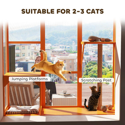 Wooden Catio Outdoor Enclosure, 2 Jumping Platforms, Scratching Post, Orange Outdoor Cat Enclosures at Gallery Canada