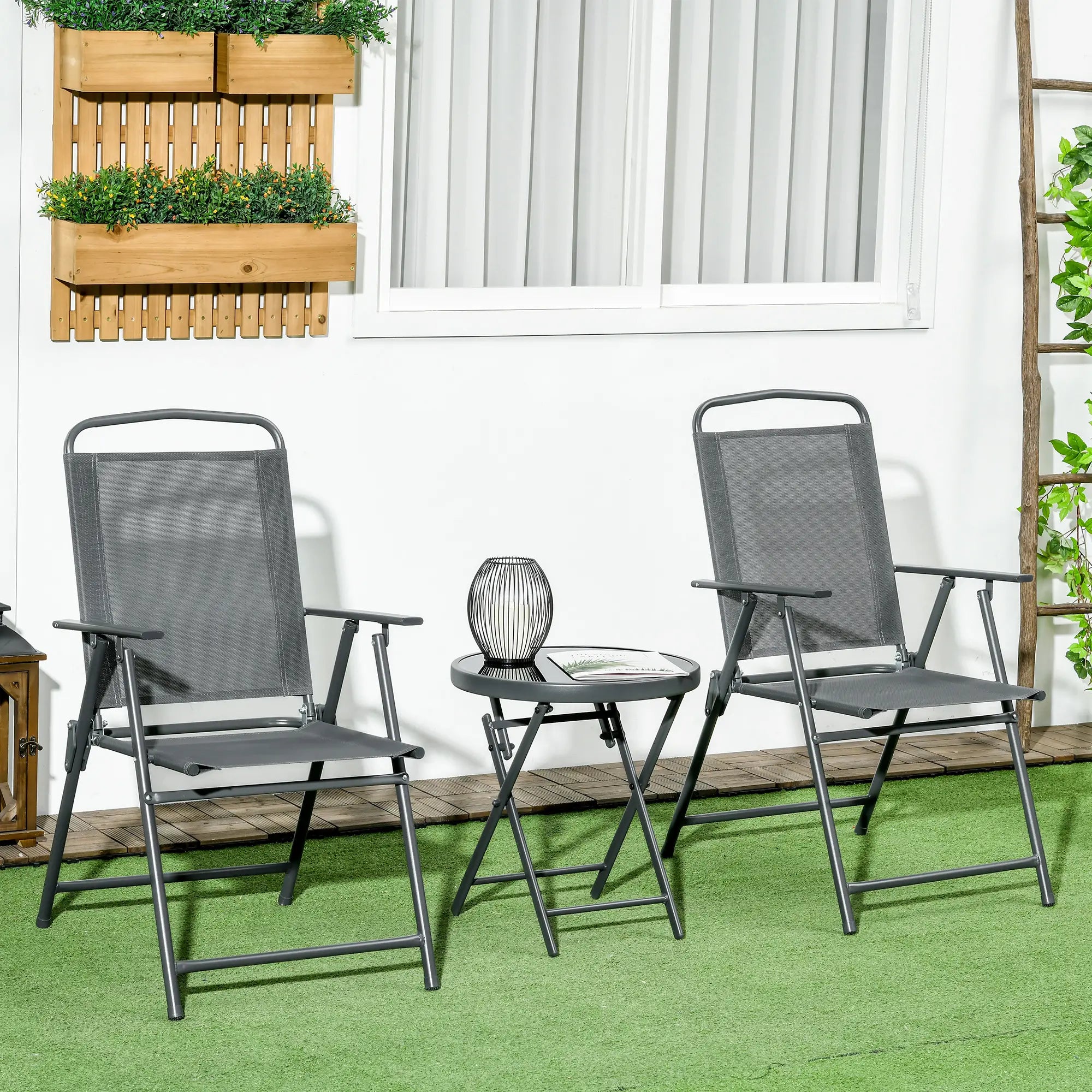 3 Piece Bistro Set, Foldable Mesh Chairs, Glass Table, Charcoal Grey Bistro Sets at Gallery Canada