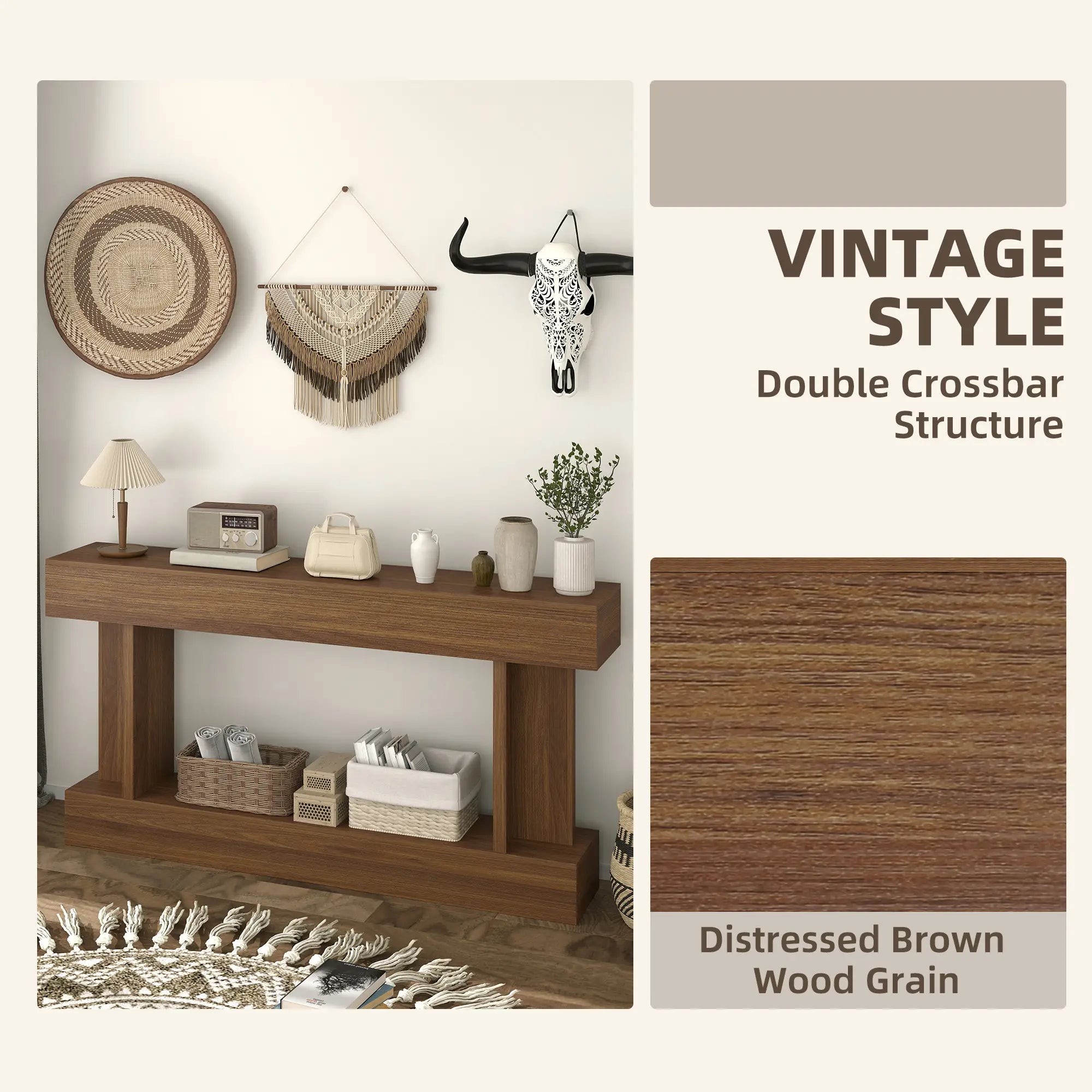 63 Inch Console Table, Vintage Narrow Entryway with Storage Shelf, Dark Brown Console Tables at Gallery Canada