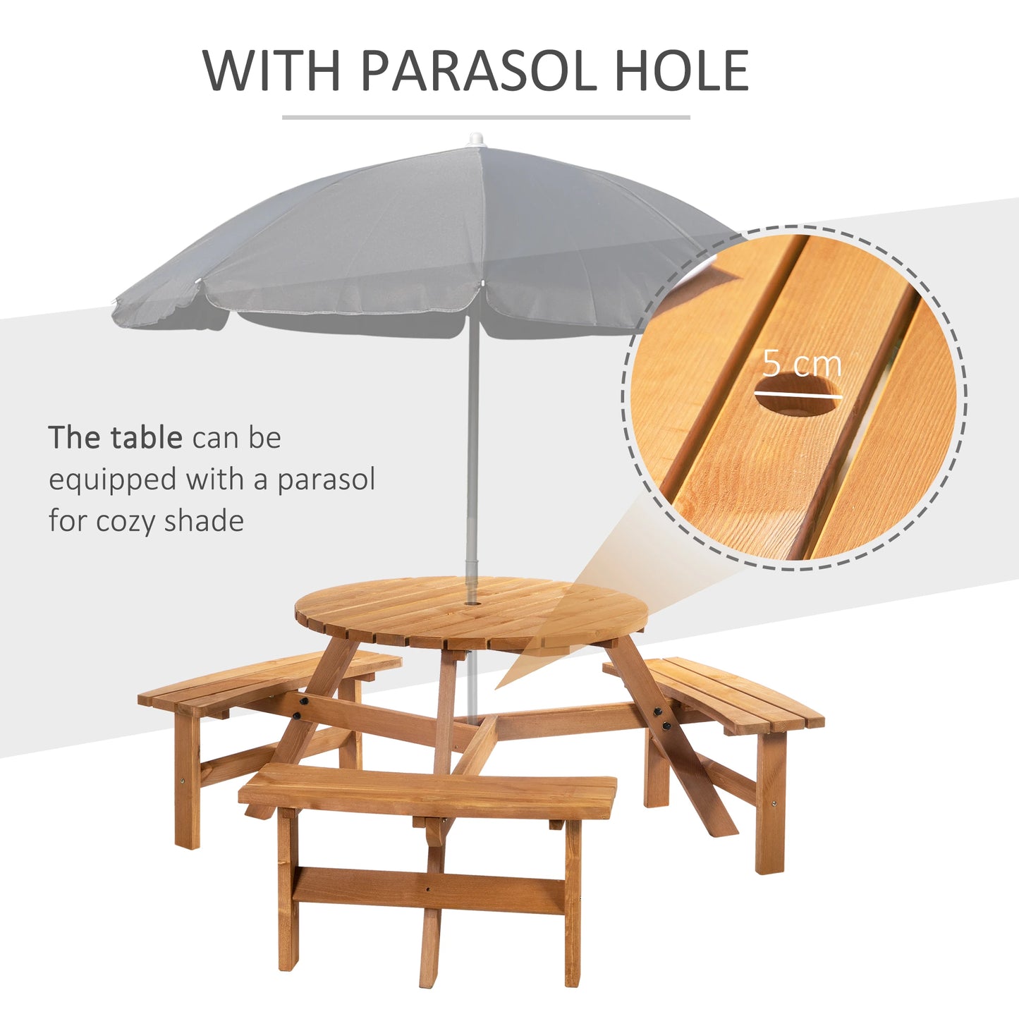 6 Person Round Picnic Table, Wood Patio Set with Umbrella Hole, Brown Outdoor Dining Sets at Gallery Canada