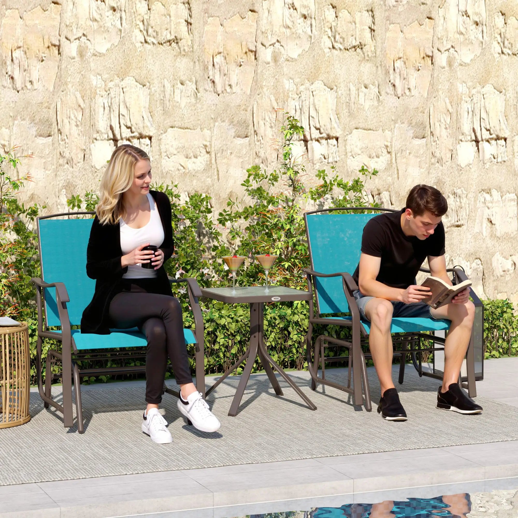 3 Piece Patio Glider Set, Breathable Mesh Seat, Glass Top Table, Blue Outdoor Gliders at Gallery Canada