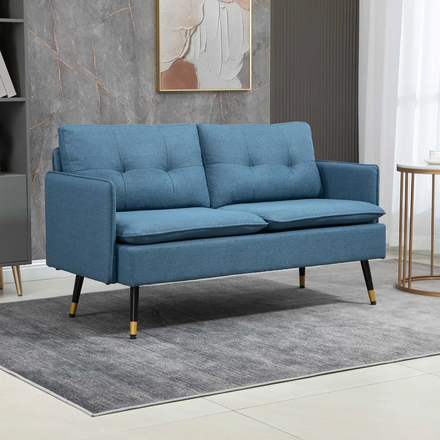 "55" Linen Loveseat Sofa, Steel Legs, Button Tufting, Dark Blue, Dark Blue 2-Seater Sofas at Gallery Canada