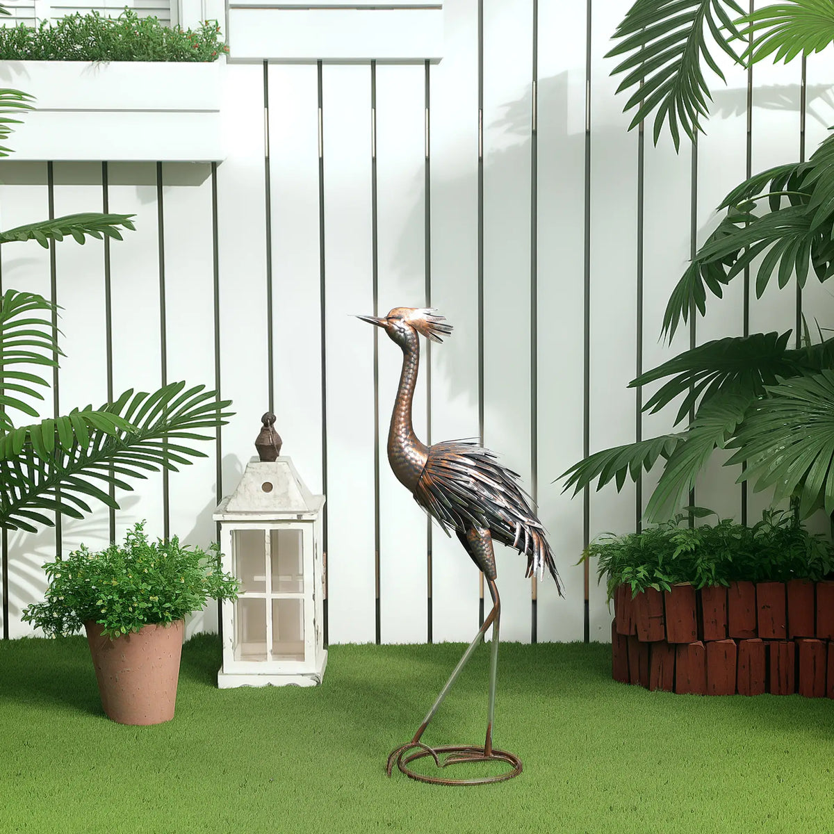 Garden Statue, Heron Standing Sculpture, 12.2"W x 7.1"D x 28"H, Silver Tone Garden Decor at Gallery Canada