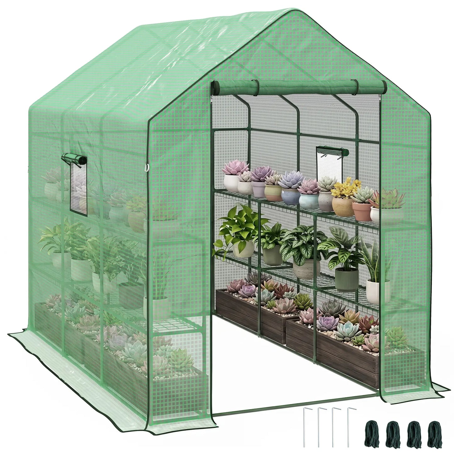 Walk-in Greenhouse, 3 Tier, Roll-up Door, Mesh Windows, 140 x 213 x 190 cm, Green Walk In Greenhouses at Gallery Canada