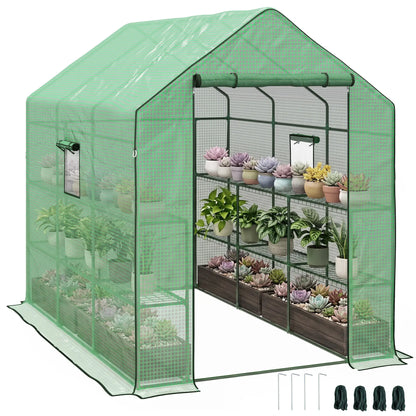 Walk-in Greenhouse, 3 Tier, Roll-up Door, Mesh Windows, 140 x 213 x 190 cm, Green Walk In Greenhouses at Gallery Canada