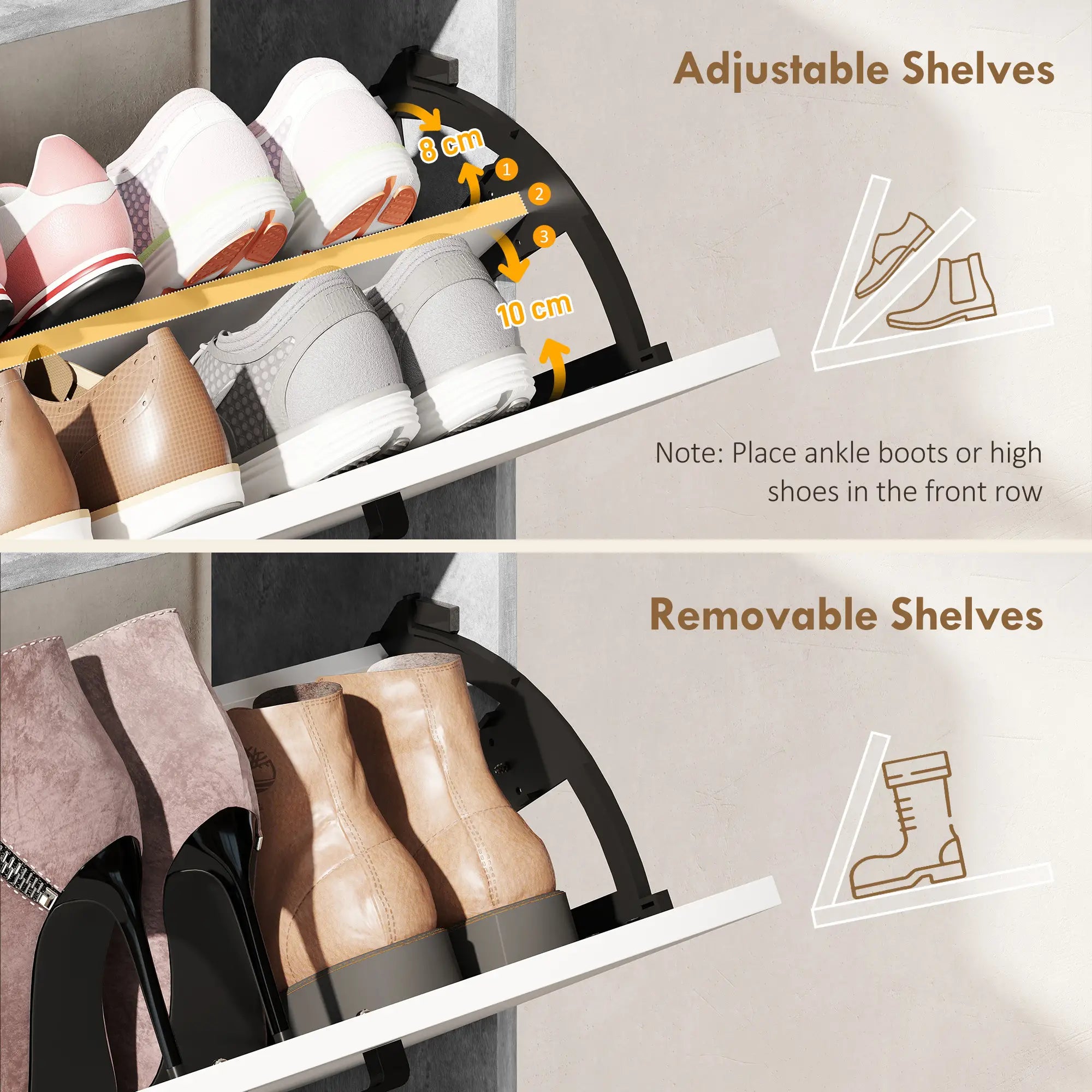 Shoe Cabinet with 2 Flip Drawers, 3 Side Compartments, Adjustable Shelves, 8-12 Pairs for Entryway Hallway, Grey Shoe Storage Cabinets & Racks at Gallery Canada