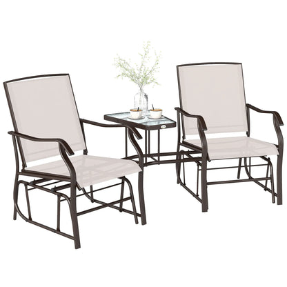 Double Patio Glider Chair With Glass Top Table, Beige