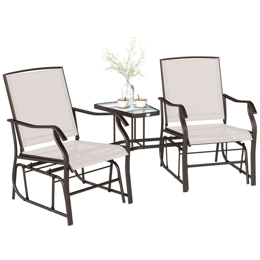 Double Patio Glider Chair With Glass Top Table, Beige