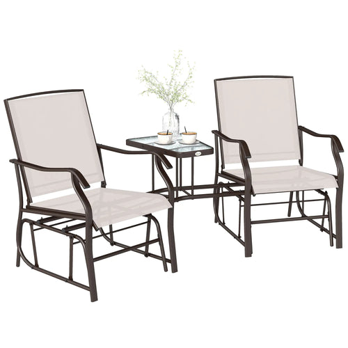 Double Patio Glider Chair With Glass Top Table, Beige