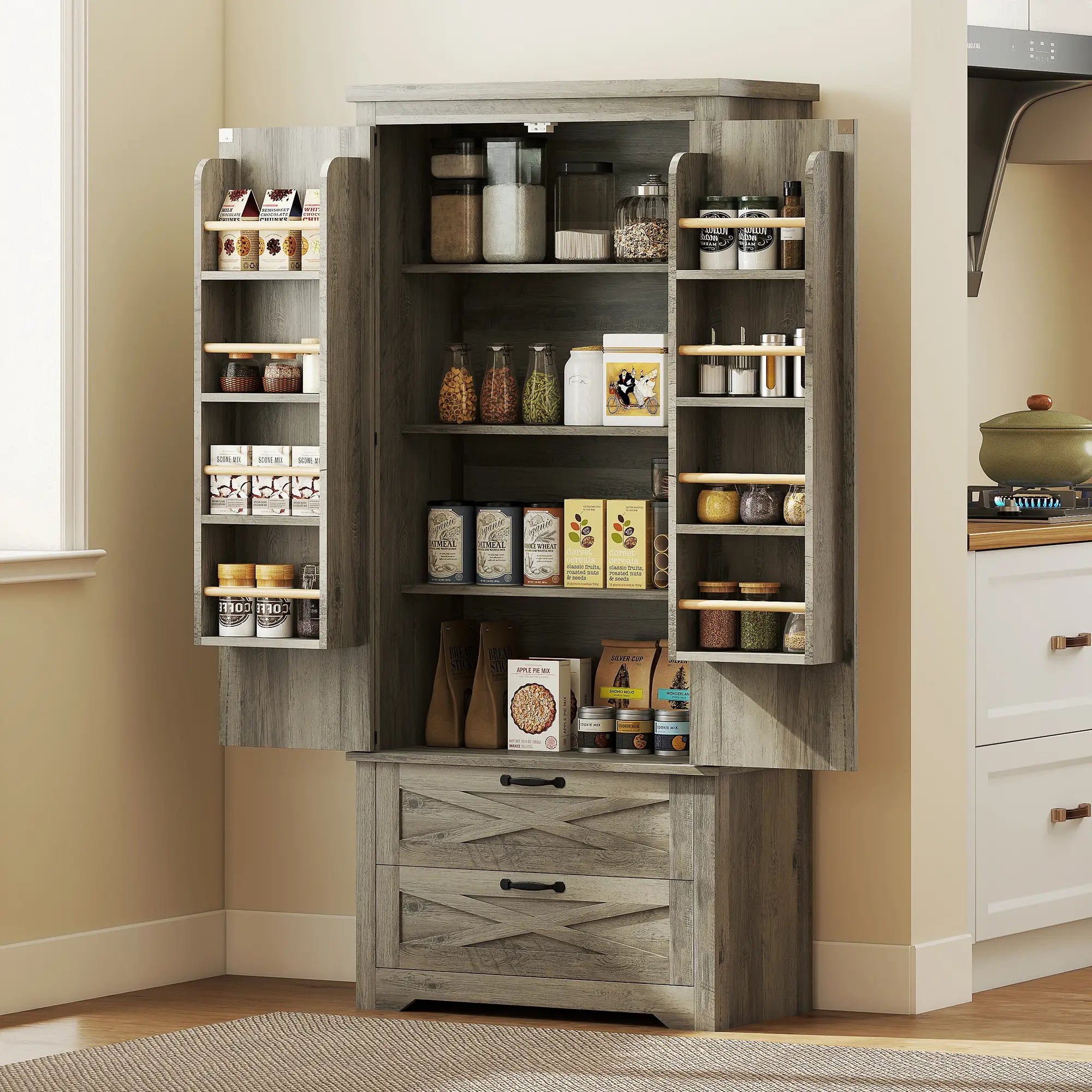 Farmhouse Kitchen Pantry Cabinet, 64