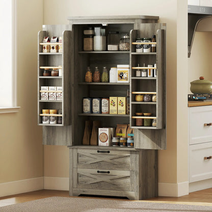 Farmhouse Kitchen Pantry Cabinet, 64" Freestanding with Drawers, Distressed Grey, Grey Kitchen Pantry Cabinets at Gallery Canada