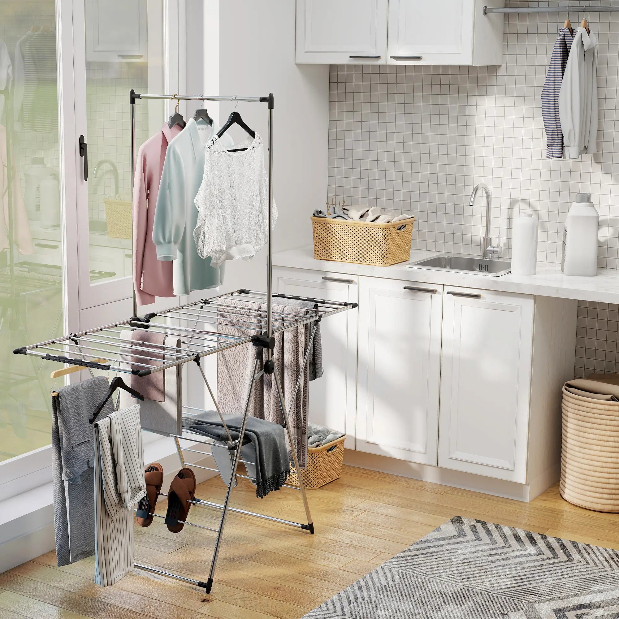 Foldable Stainless Steel Clothes Drying Rack, Adjustable Gullwings, Silver Bath Accessories at Gallery Canada