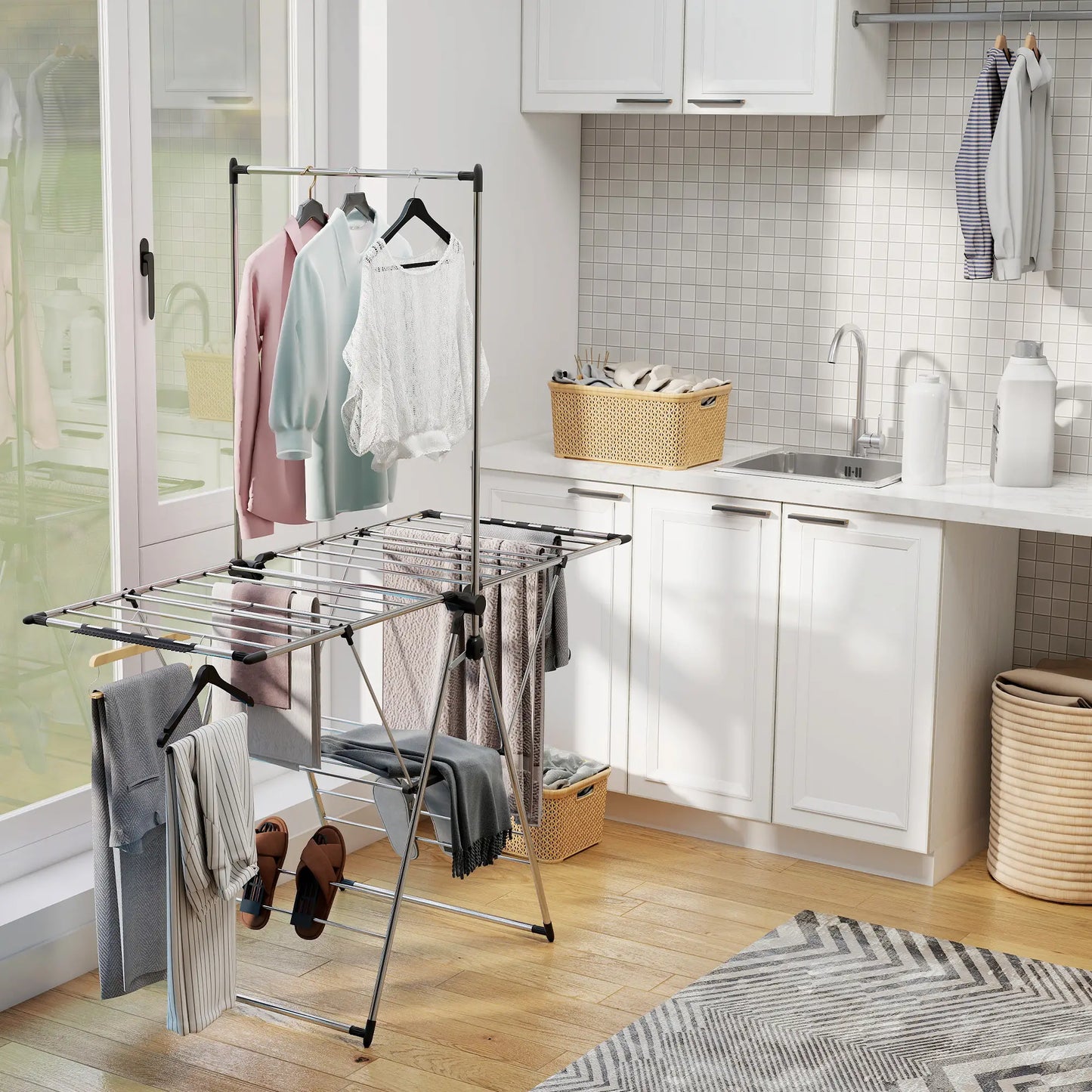 Foldable Stainless Steel Clothes Drying Rack, Adjustable Gullwings, Silver Bath Accessories at Gallery Canada