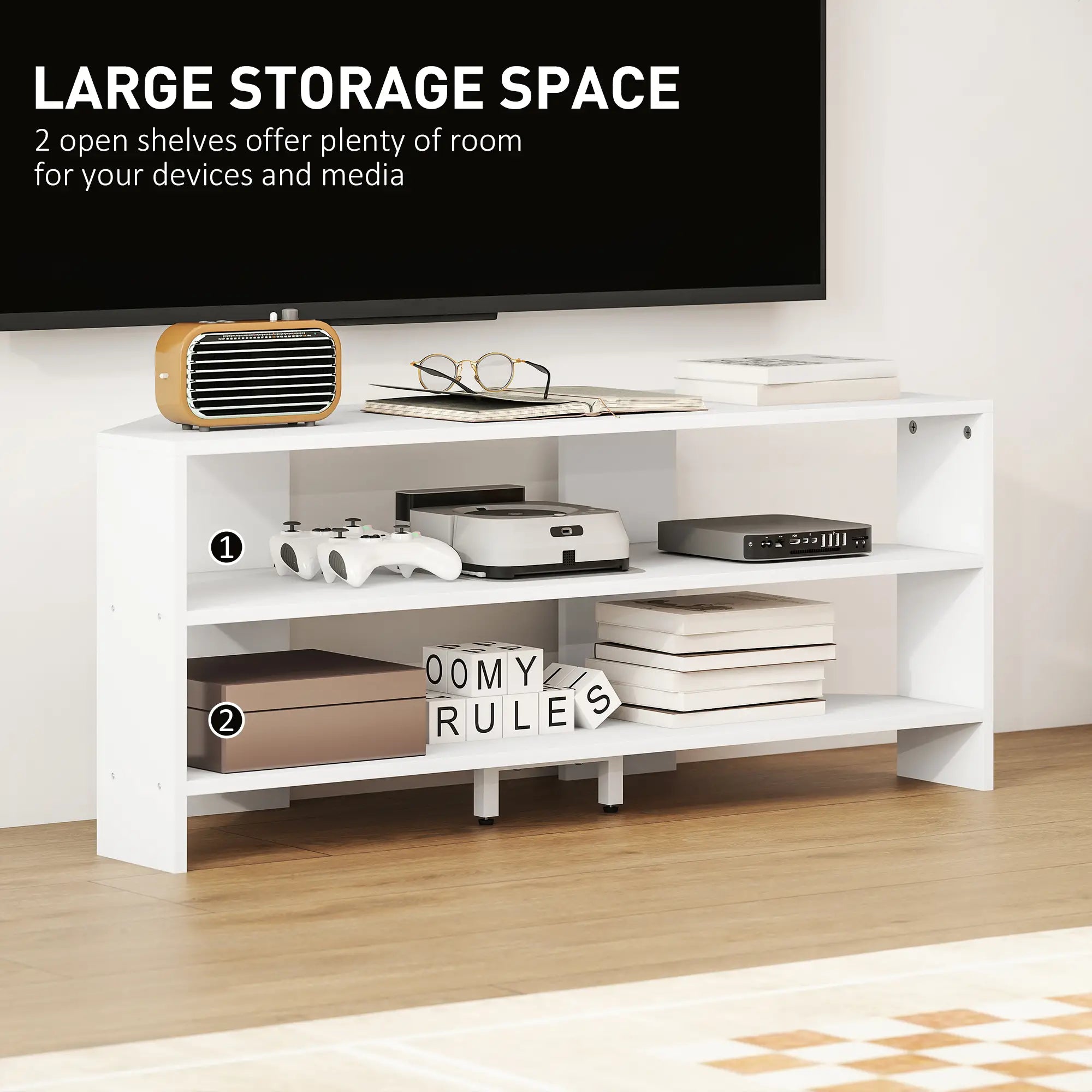 Corner TV Stand, Modern Table with 2 Shelves for 47 Inch TV, White TV Stands at Gallery Canada