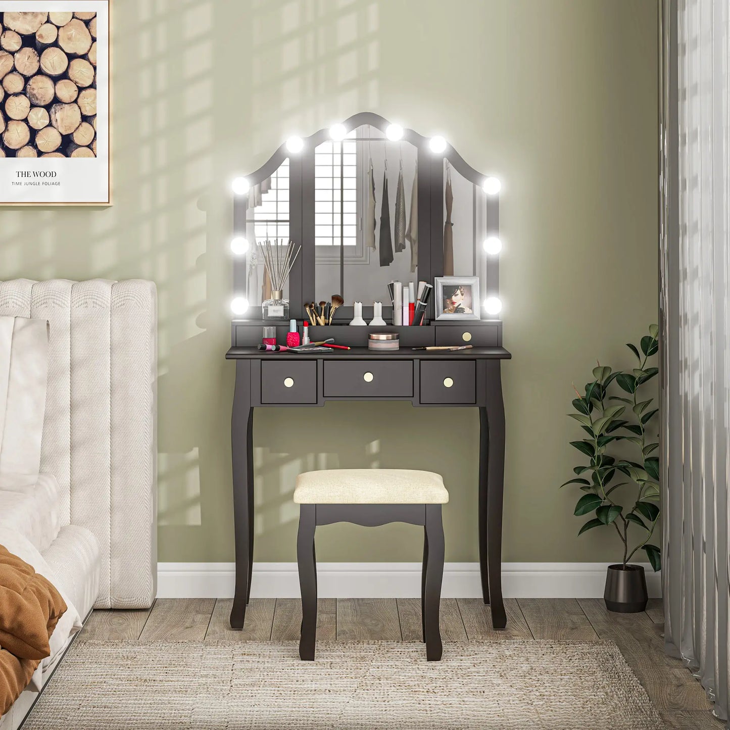 Makeup Vanity Desk with Mirror, Stool, 10 LED Lights, Black Dressing & Vanity Tables at Gallery Canada