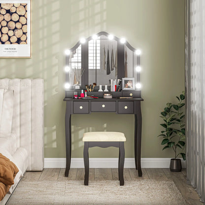 Makeup Vanity Desk with Mirror, Stool, 10 LED Lights, Black Dressing & Vanity Tables at Gallery Canada