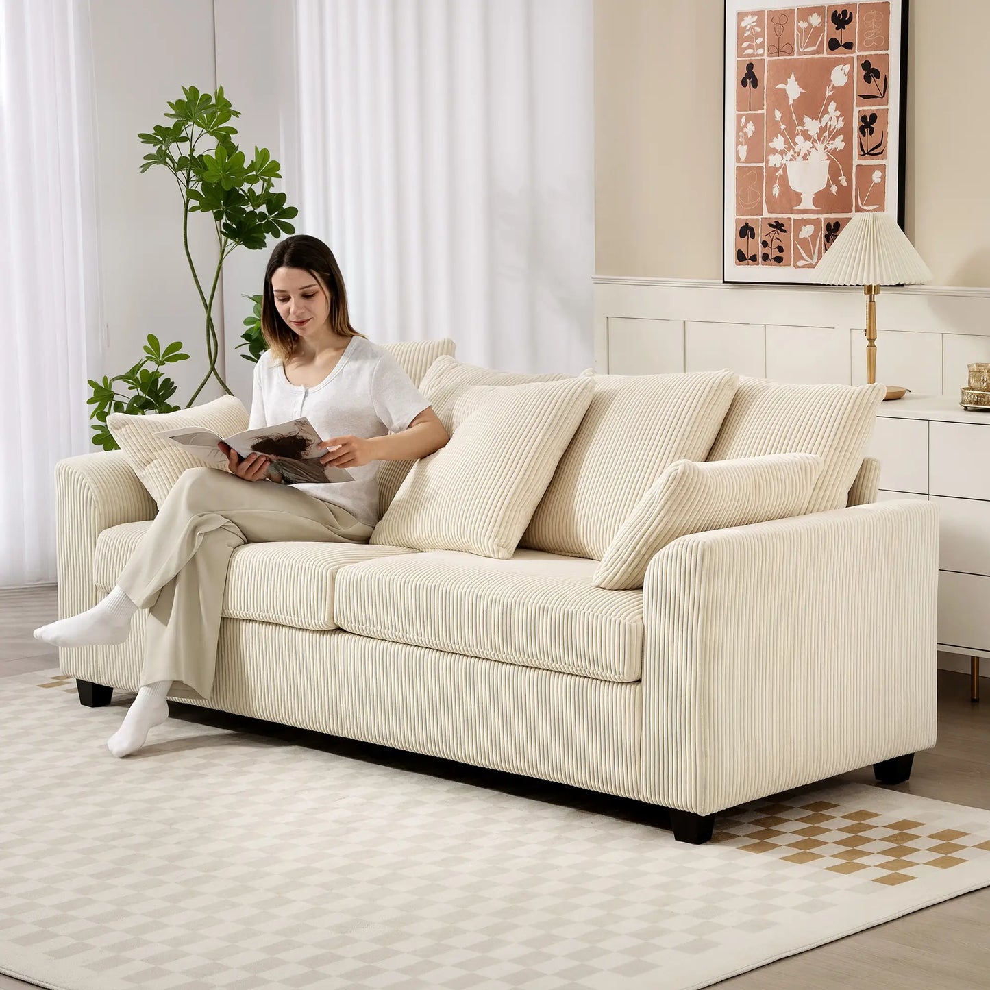 Corduroy Couch, 3 Seater Sofa, Modern with Curved Armrests, 8 Pillows, Beige 3-Seater Sofas at Gallery Canada