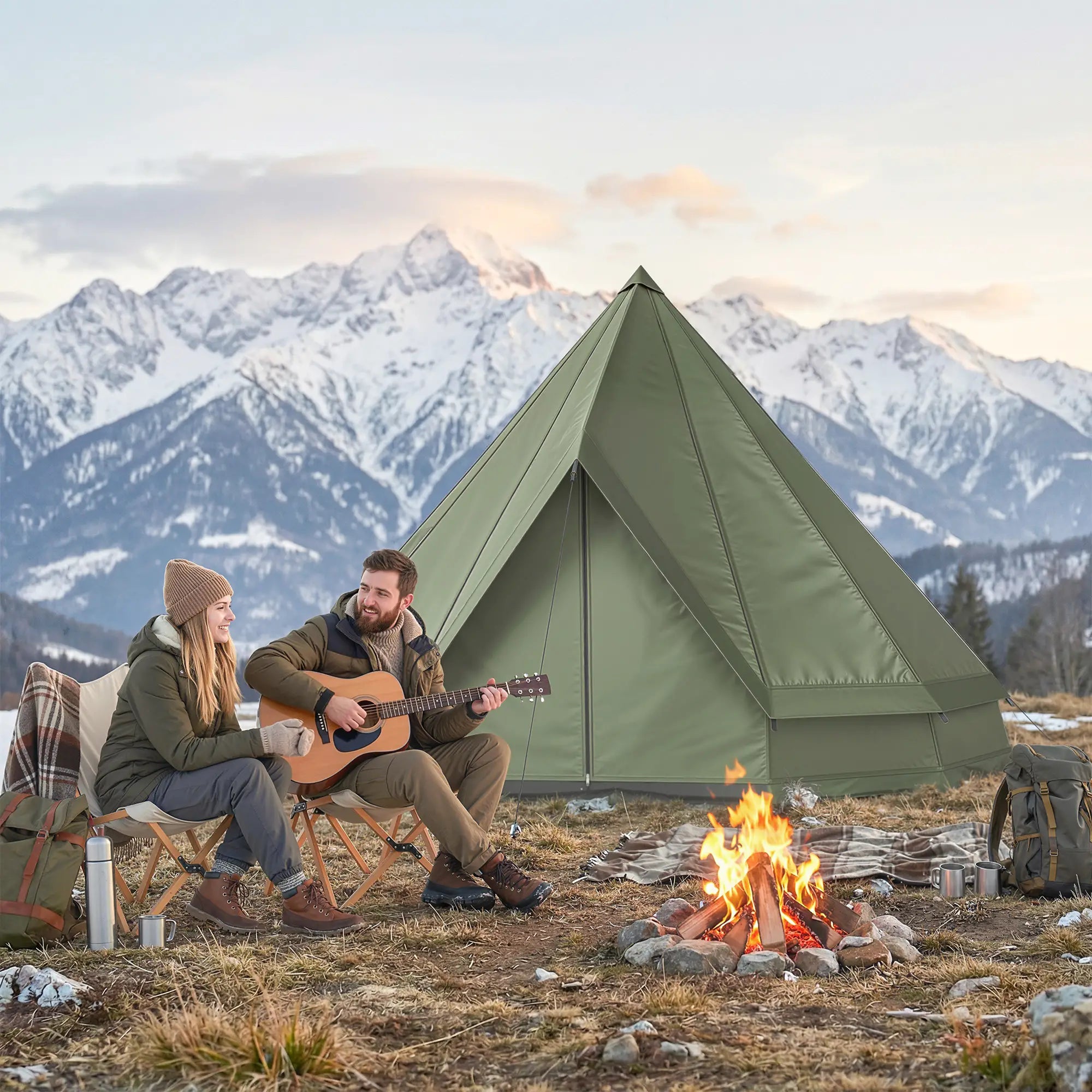 Waterproof Camping Tent, Stove Jack, 4-6 Person, Army Green Camping Tents at Gallery Canada