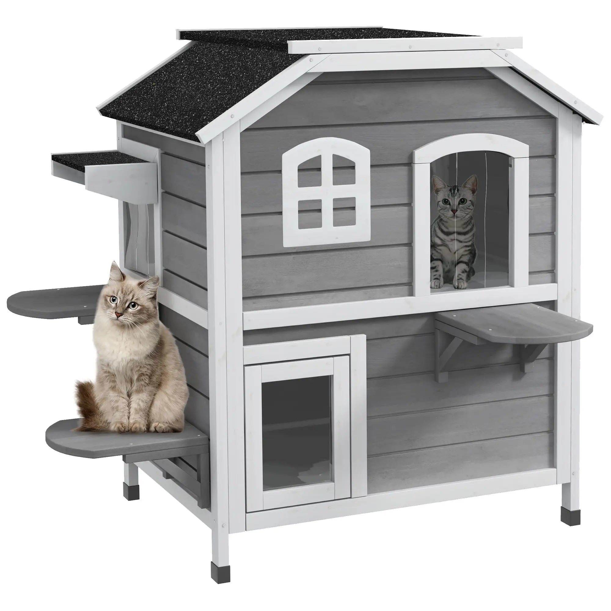 2-Storey Outdoor Cat House, Wooden Catio, Openable Roof, Grey Cat Houses Grey and White at Gallery Canada