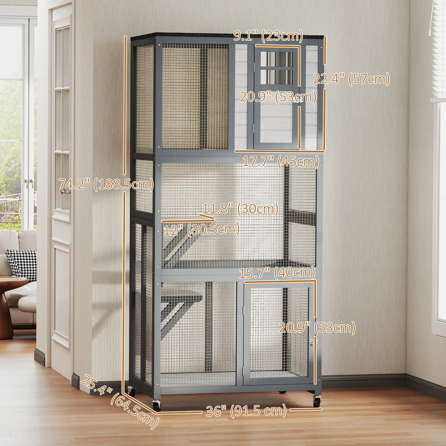 74" Wooden Outdoor Cat House, Weatherproof, Wheeled, Light Grey Outdoor Cat Enclosures at Gallery Canada