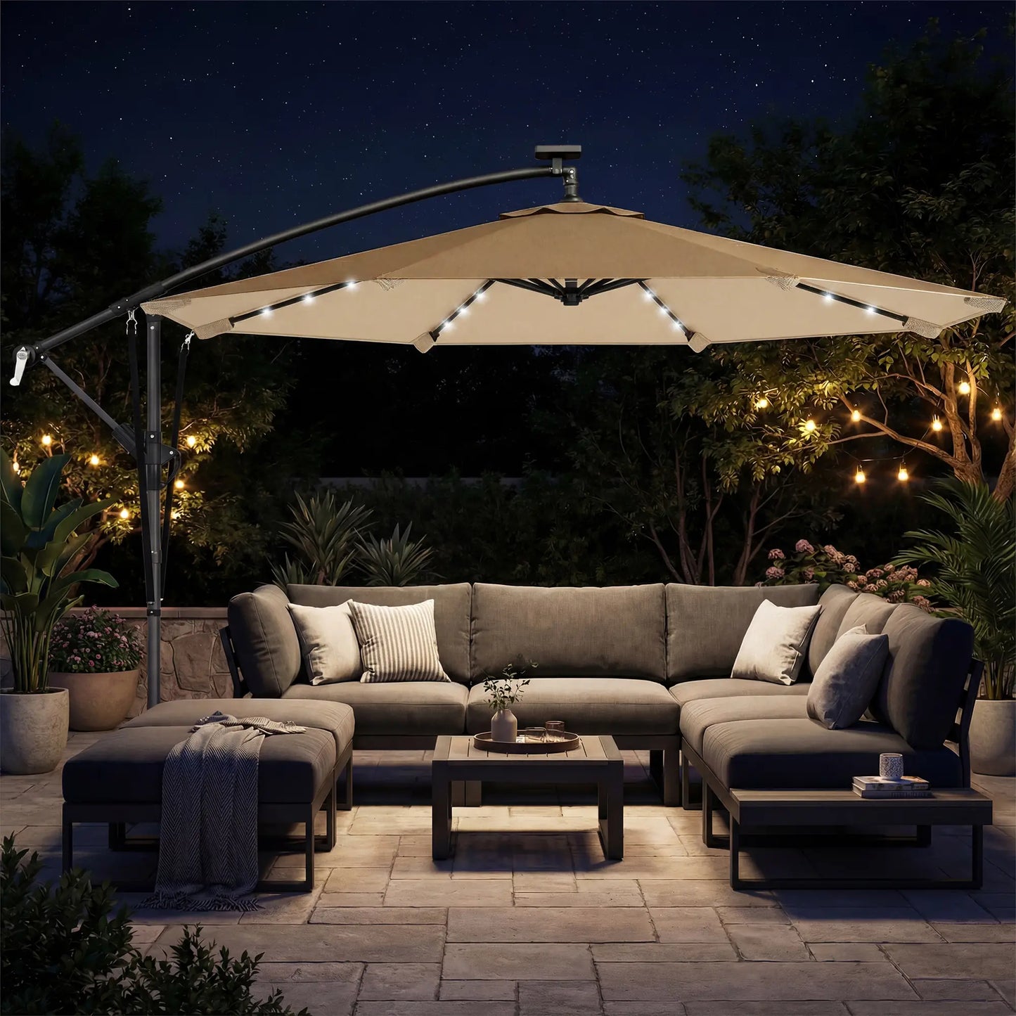 9.7ft Solar LED Cantilever Patio Umbrella, 32 Lights, Cross Base, Crank Handle, Khaki Offset Cantilever Umbrellas at Gallery Canada